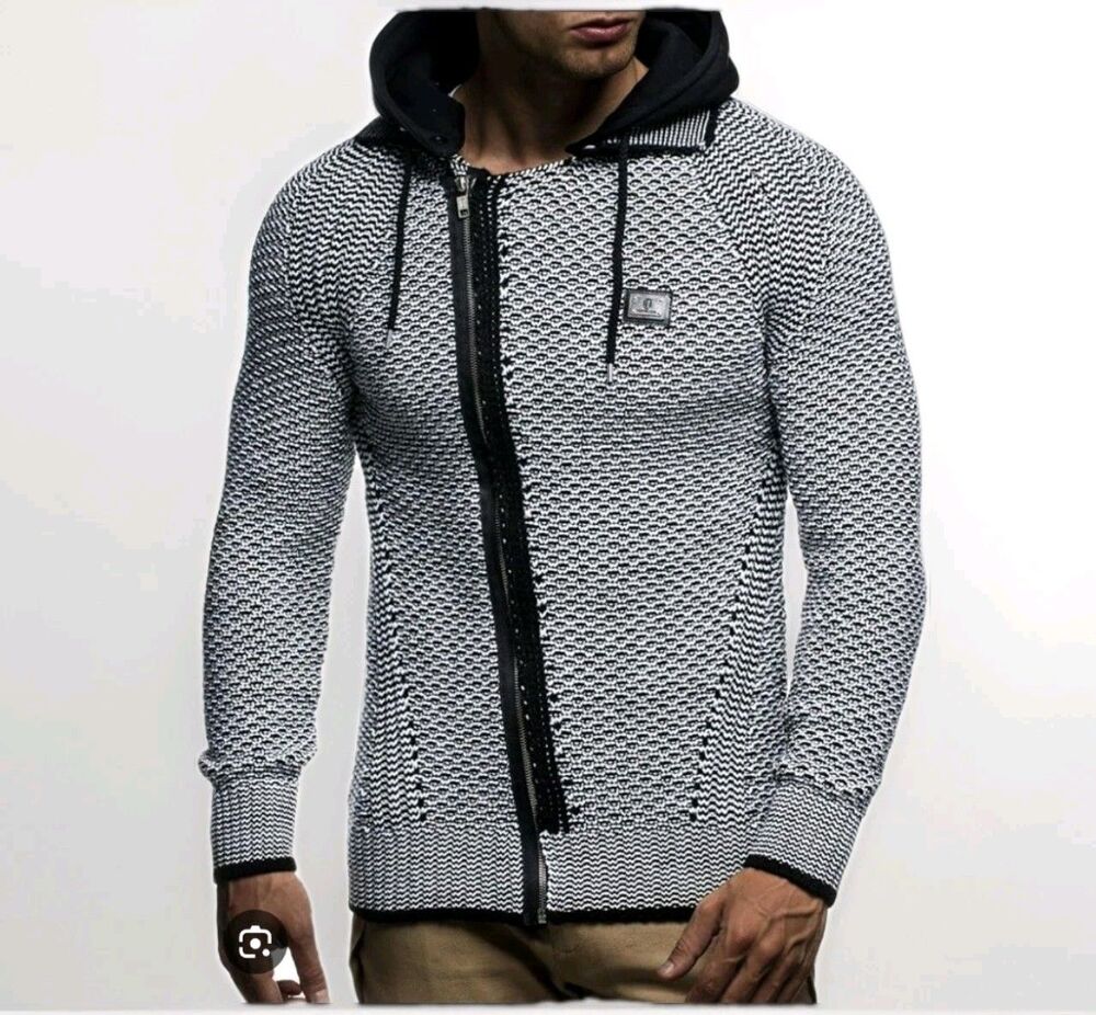 LEIF NELSON Hooded Sweater Cable Knit Duffle Full Zip Black White Men's L